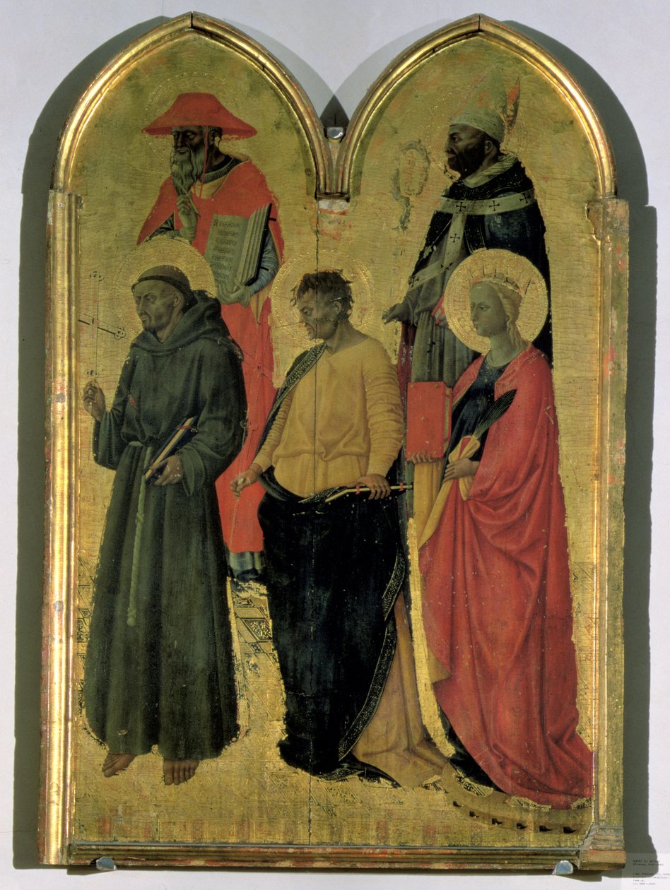 St. Franciscus, St. Hiëronymus, St. Filippus, St. Catharina en een bisschop heilige door Neri di Bicci