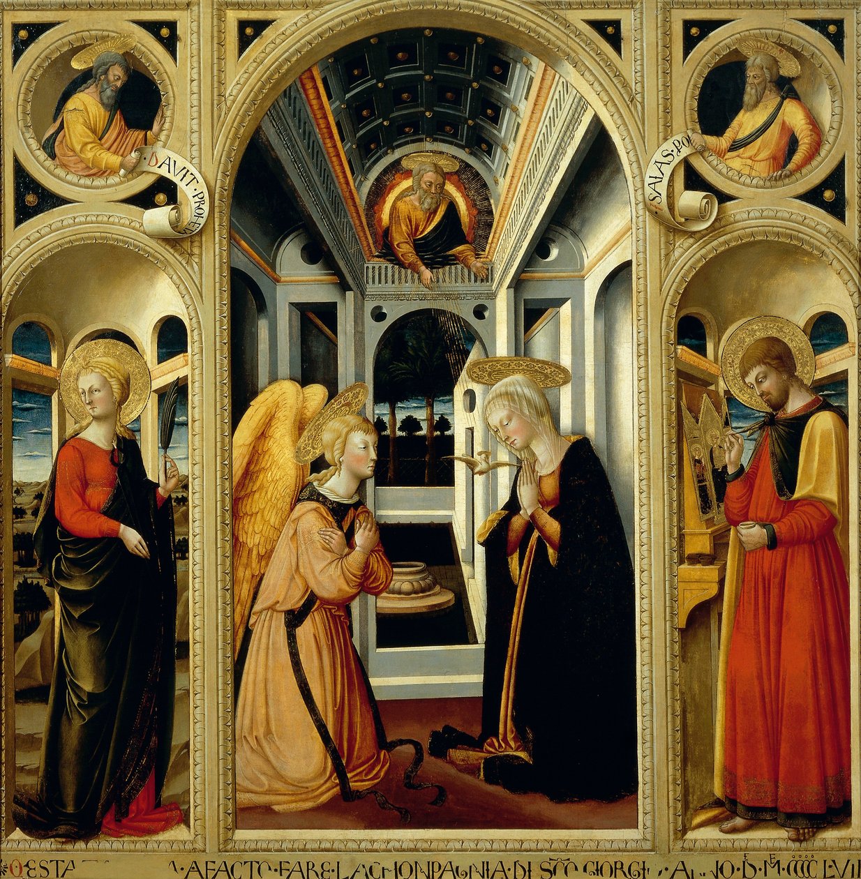 Annunciatie met St. Apollonia, St. Lucas en profeten David en Jesaja, door Neri di Bicci door Neri di Bicci