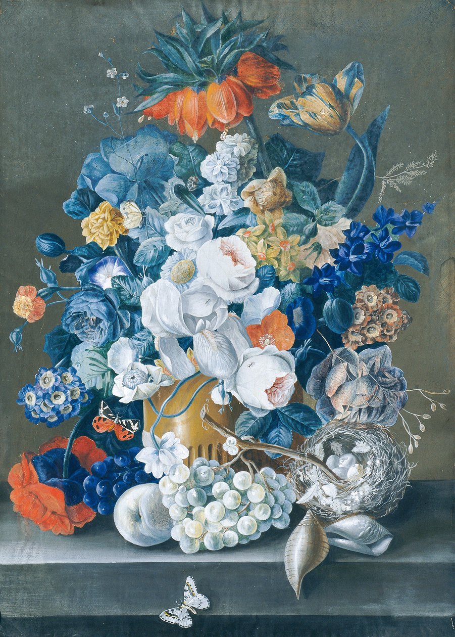 Bloemenstuk met vruchten, vogelnest en vlinders door Leopold Blonder
