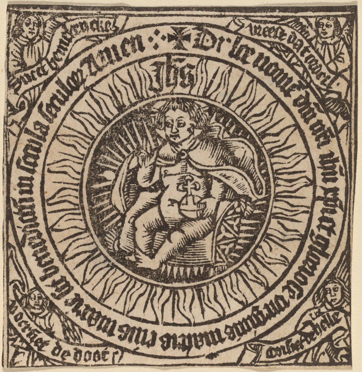 Goddelijk Kind met de Wereldbol in een Cirkel met Vier Engelen door Netherlandish 15th Century