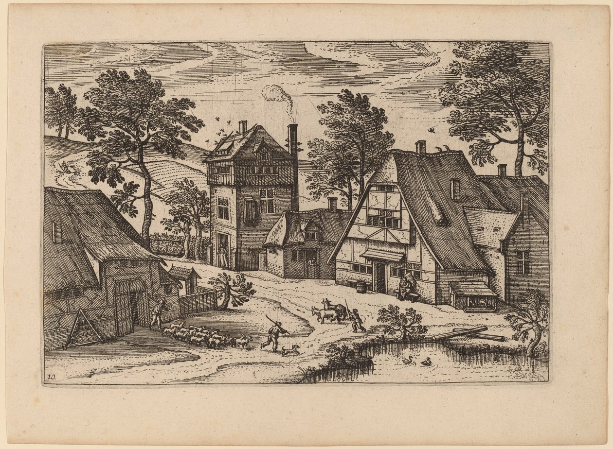 Dorp met vijver door Netherlandish 16th Century