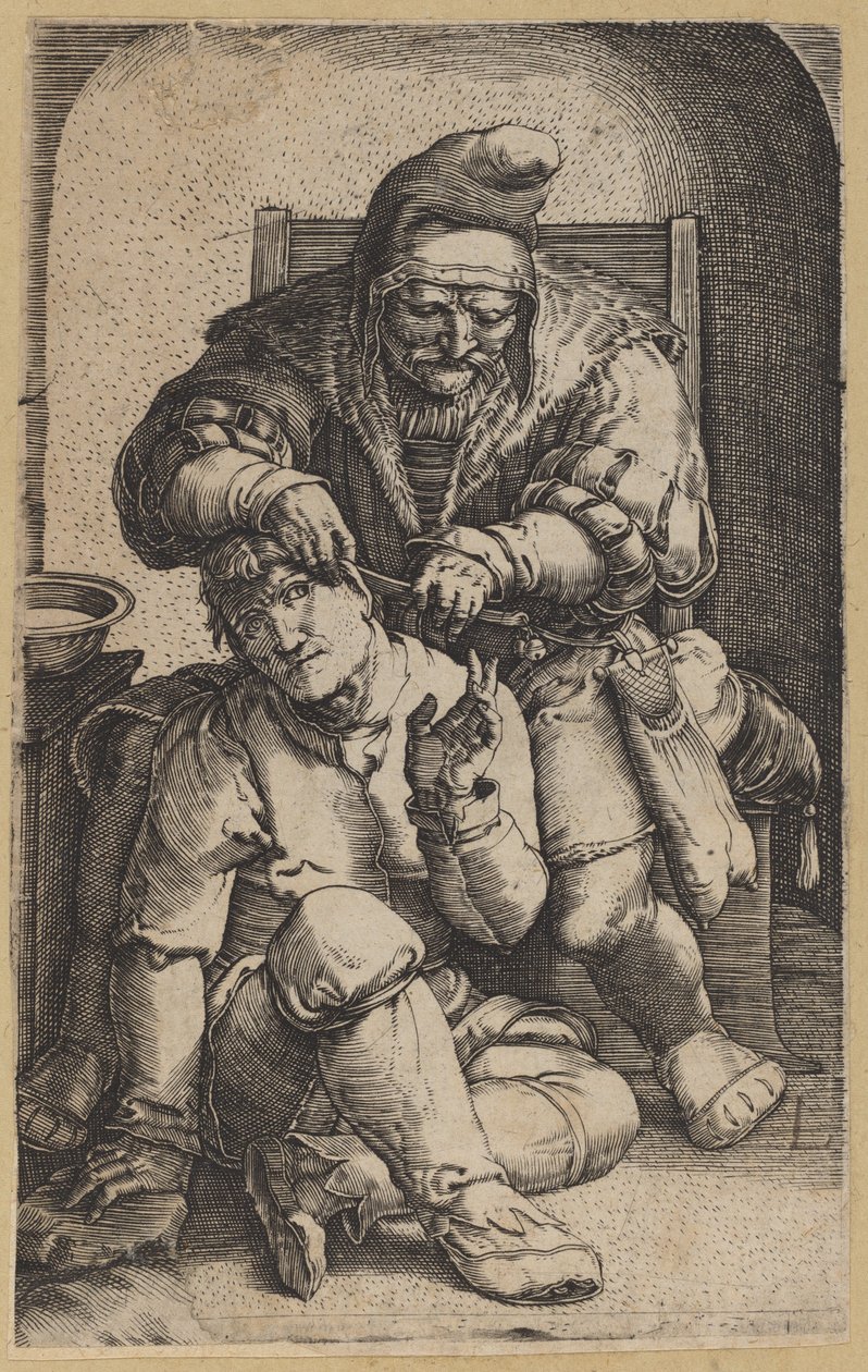 De Chirurg [omgekeerde kopie] door Netherlandish 16th Century, after Lucas van Leyden