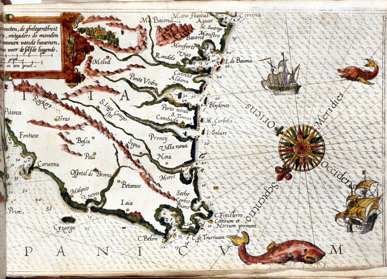 Kaap Finisterre na de portulan van Luca J. Waghenaer tresoor de zeevaert, Leiden 1592 door Netherlandish School