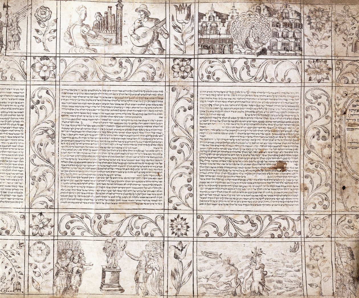 Verlicht manuscript in Sefardisch schrift, met scènes uit het Nederlandse leven en de Bijbel met bloemcartouches, 17e eeuw door Netherlandish School
