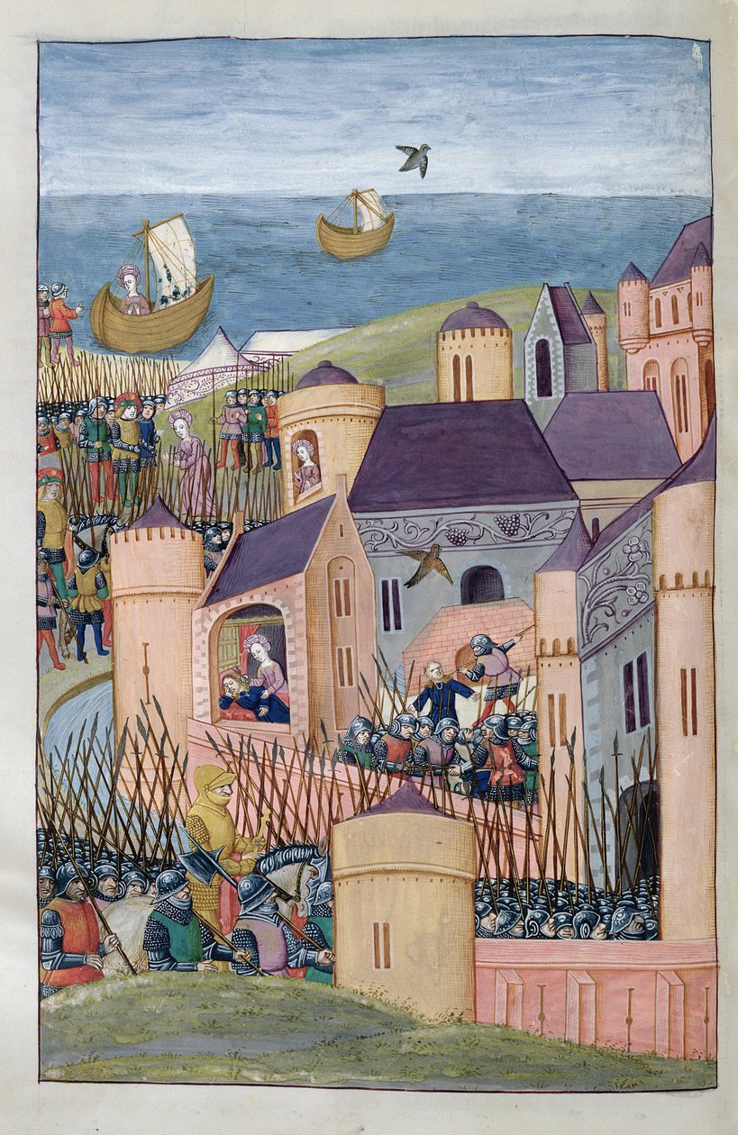 Minos belegerd Megara. Scylla snijdt verraderlijk het haar van haar vader af en vlucht, uit Metamorfosen 8 van Ovidius, 1479 door Netherlandish School