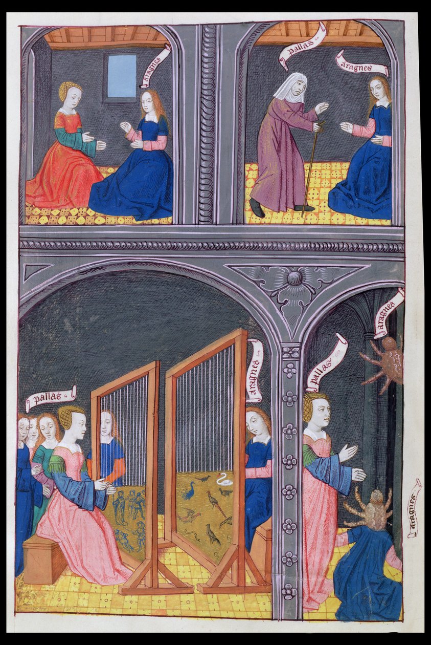 Arachne daagt Pallas uit en wordt een spin, uit Metamorfosen 6 van Ovidius, 1479 door Netherlandish School