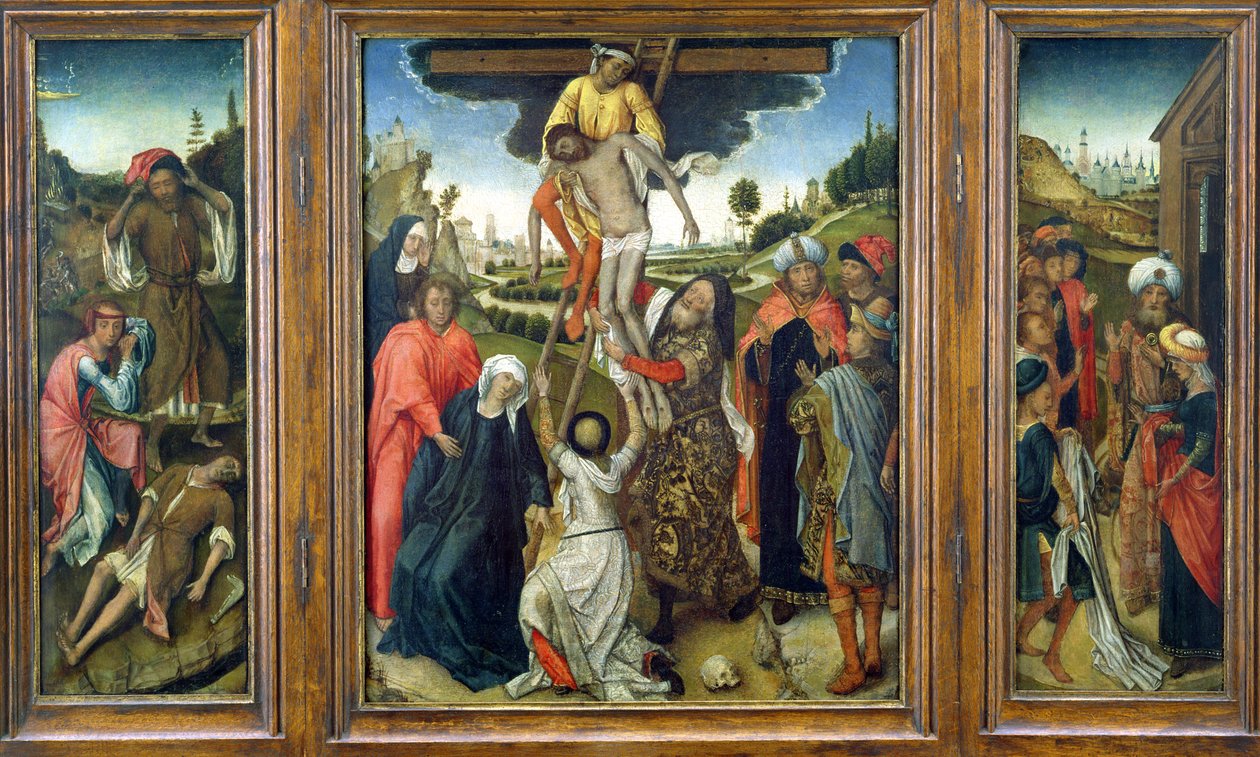 De Kruisafneming, geflankeerd door (L) Adam en Eva rouwen om Abel en (R) Jozefs jas getoond aan Jacob, drieluik, c.1470 door Netherlandish School