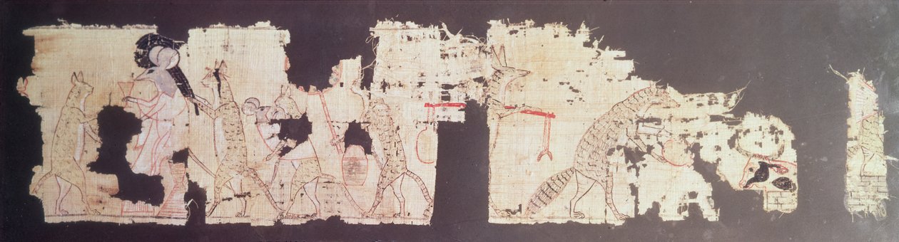 Satirisch papyrus met een muis die door katten wordt bediend door New Kingdom Egyptian