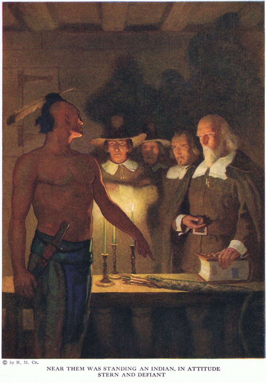 Dichtbij hen stond een Indiaan, in een strenge en uitdagende houding door Newell Convers Wyeth
