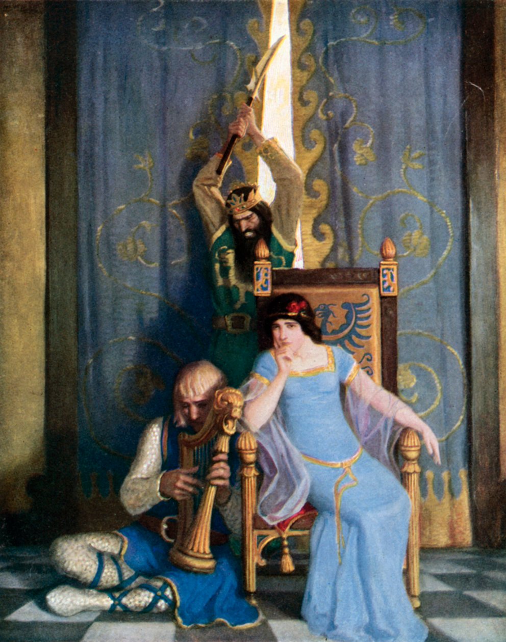 Koning Mark doodde de edele ridder Sir Tristram terwijl hij zat te harpen voor zijn vrouwe La Belle Isolde (kleurenlitho) door Newell Convers (after) Wyeth
