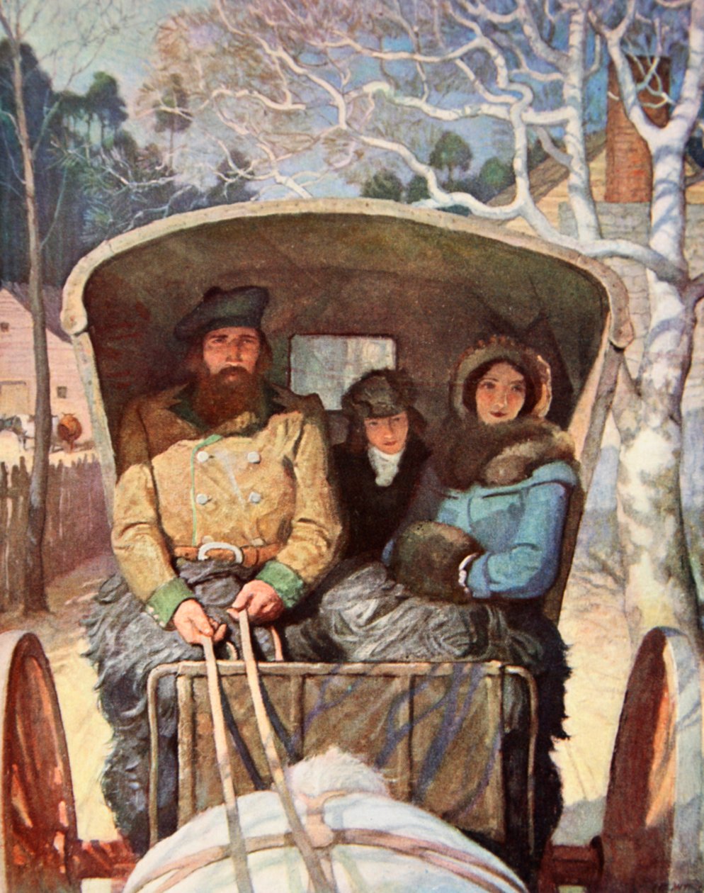 De familie Fraser warm aangekleed in de paardenkoets door Newell Convers (after) Wyeth