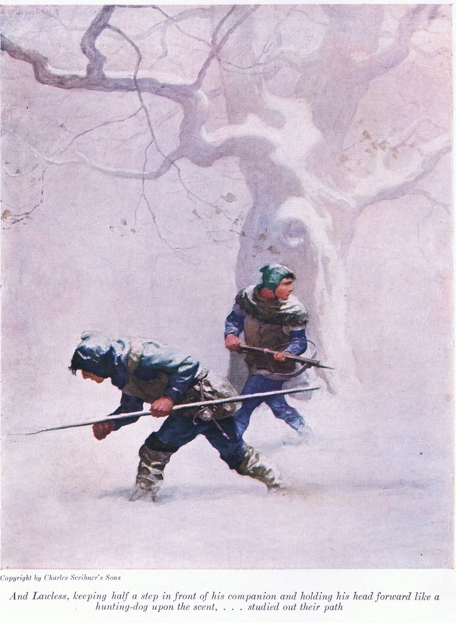 En Lawless, die een halve stap voor zijn metgezel bleef en zijn hoofd naar voren hield als een jachthond op het spoor - bestudeerde zijn pad door Newell Convers Wyeth