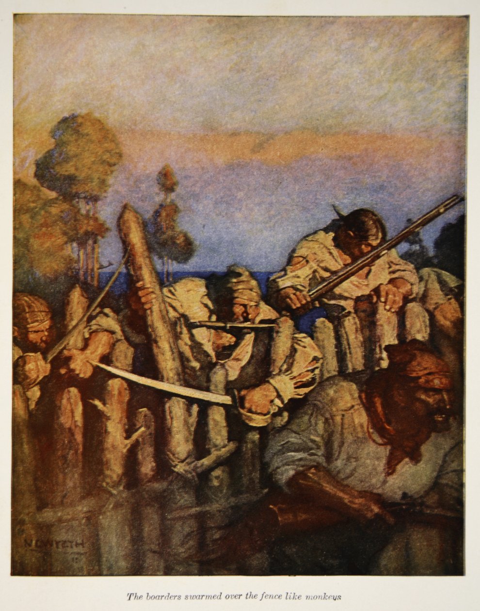 De kostgangers zwermden als apen over het hek, een illustratie uit 