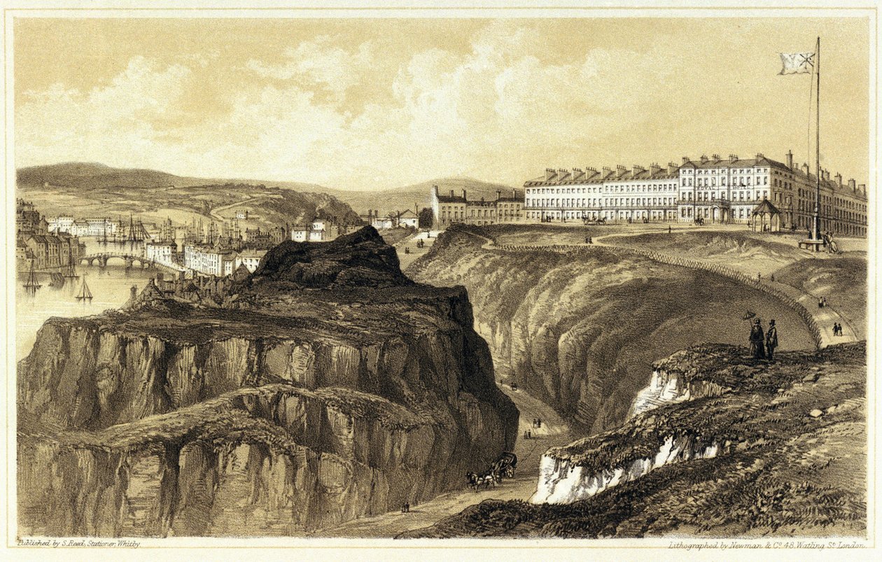 Whitby, Khyber Pass (Engeland), met een overzicht van de gebouwen en het fort van de stad. Lithografie, gegraveerd door Newman & Co, uitgegeven door S.Reed. door Newman & Co.