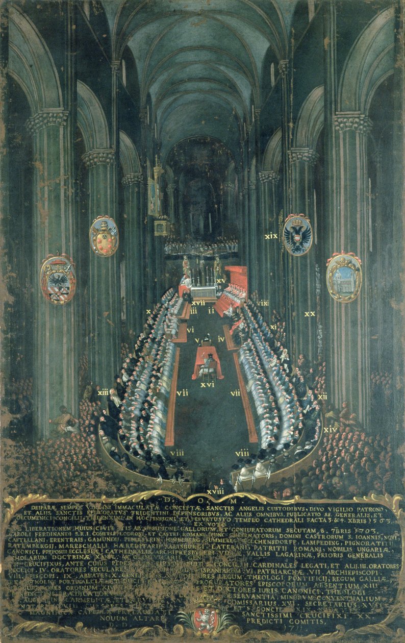 Orgelpaneel met de zitting van het Concilie van Trente in de kathedraal van Trente op 3 en 4 december 1565, 1703 door Niccolo Dorigati