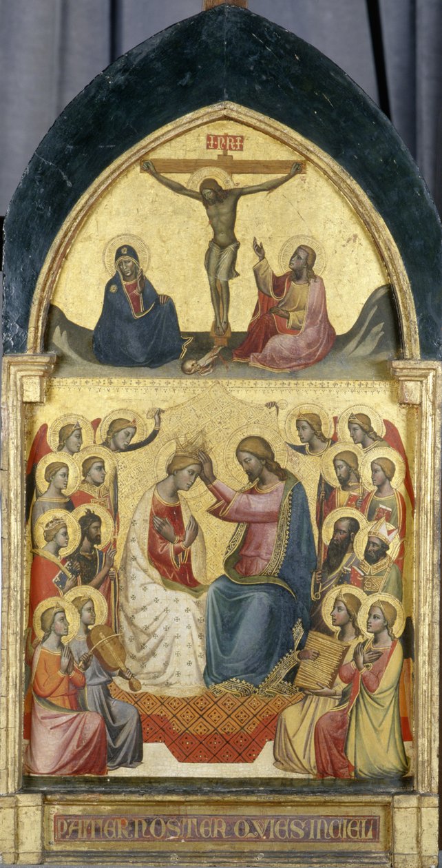 Kroning van de Maagd met engelen, heiligen en de Kruisiging, ca.1405 door Niccolo di Pietro workshop of Gerini