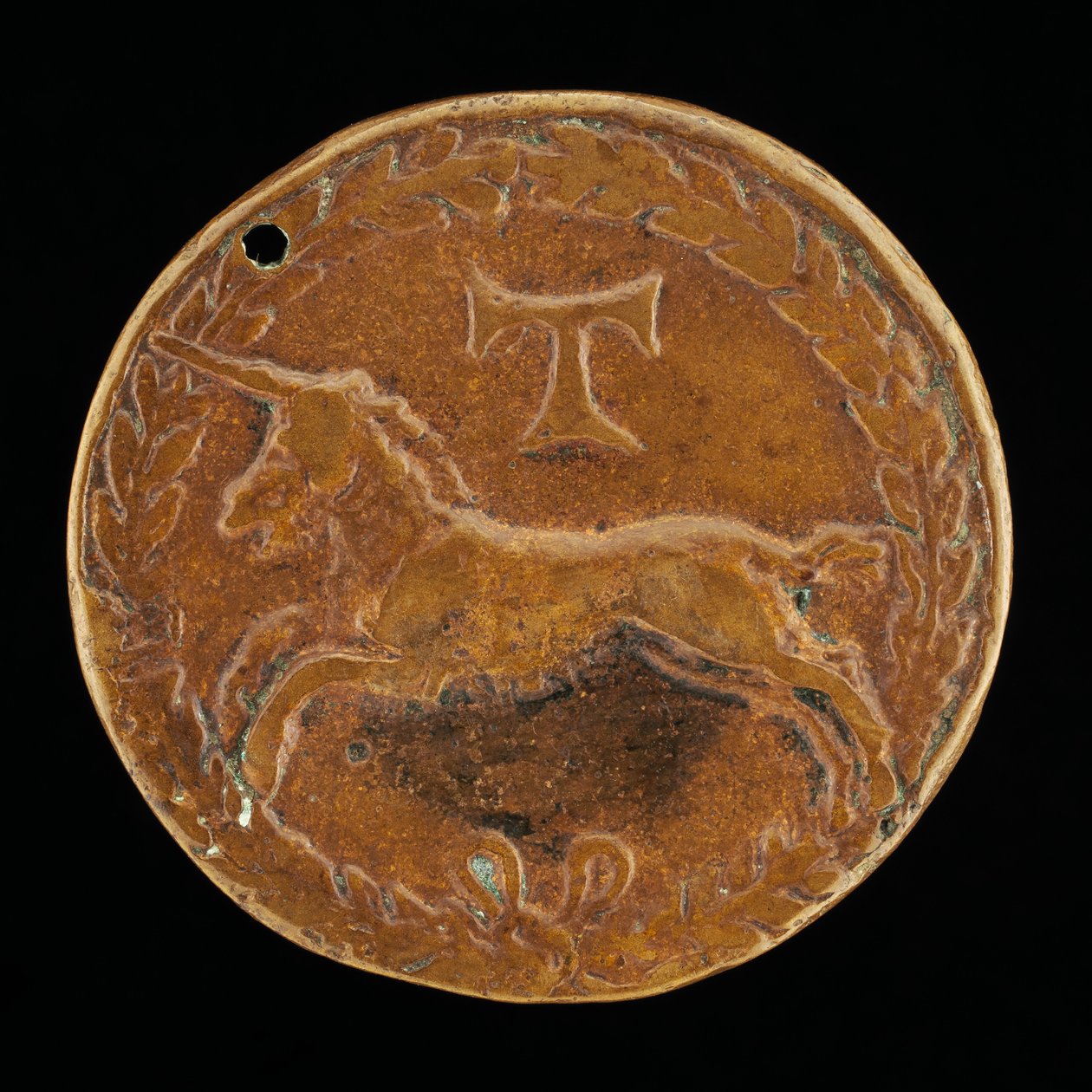 Eenhoorn en Tau-Kruis [achterkant], ca. 1480-1486 door Niccolo Fiorentino