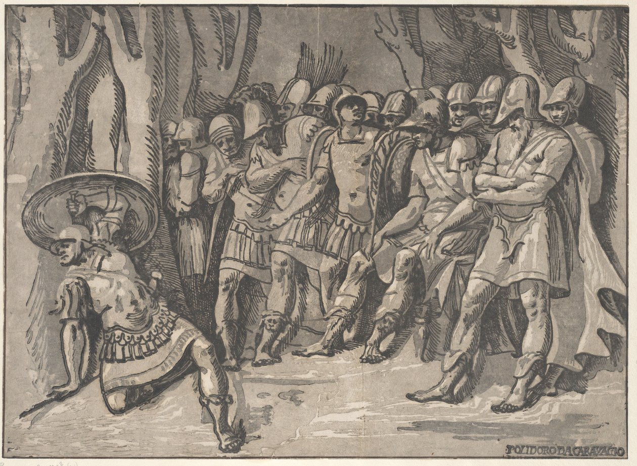 Ajax linksonder met een schild omhoog, rechts staat Agamemnon omringd door zijn... door Niccolo Vicentino