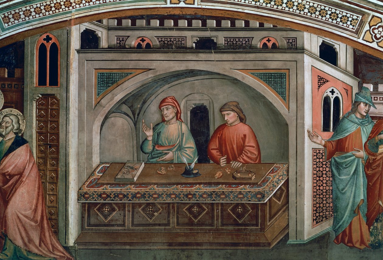 Twee bankiers, detail uit het leven van Sint Mattheüs door Niccolo di Pietro Gerini