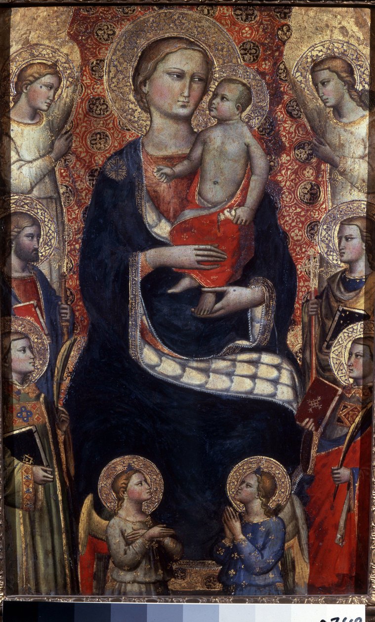 Maagd met kind, heiligen en engelen. door Niccolo di Pietro Gerini