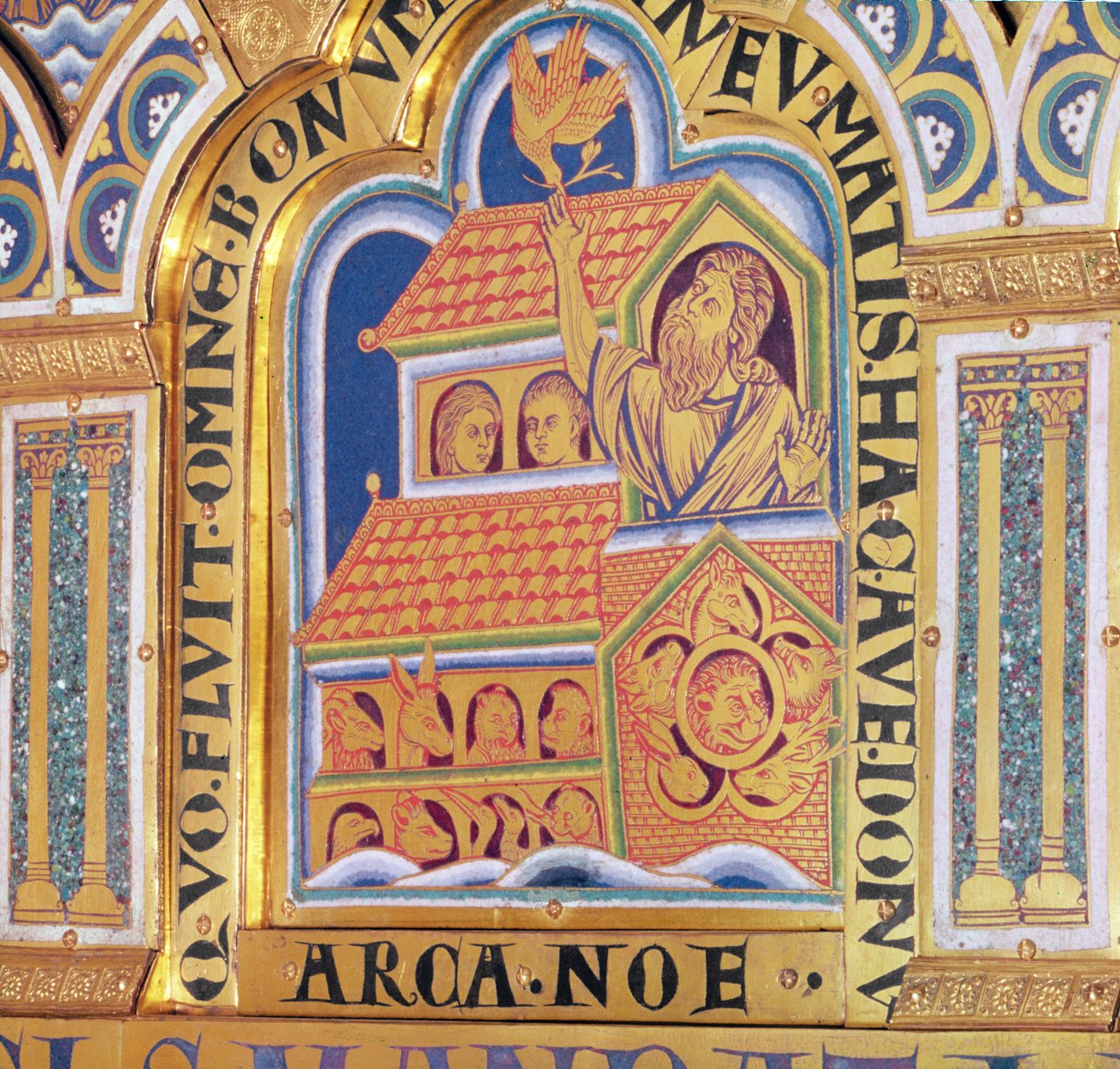 Noach en de ark, detail van een van de 51 panelen van het Verduner Altaar, 1181 door Nicholas of Verdun