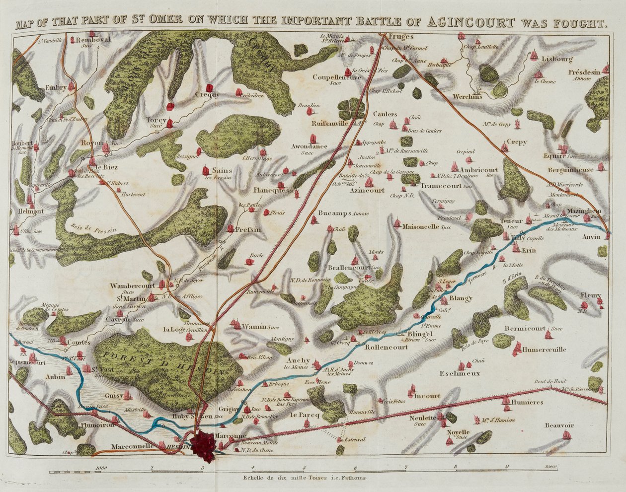 Kaart van dat deel van St. Omer waar de belangrijke slag bij Agincourt werd uitgevochten, illustratie uit 