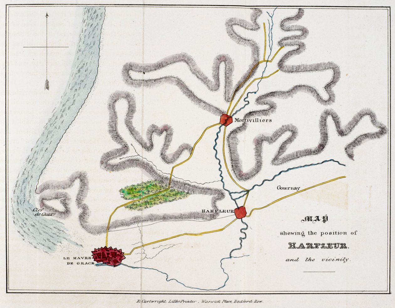 Kaart die de positie van Harfleur en de omgeving toont, illustratie uit 