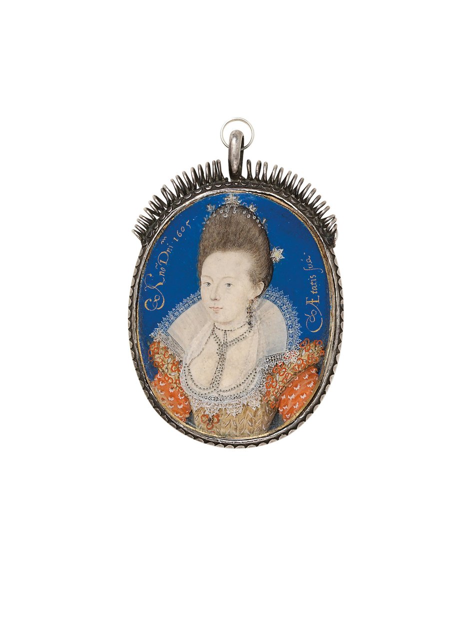 Een dame in gouden jurk met hoge kraag, 1605 door Nicholas Hilliard