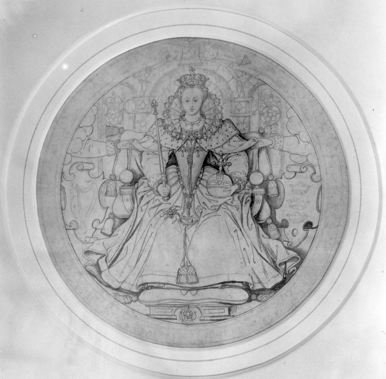 Ontwerp voor de voorzijde van het Grote Zegel van Ierland van koningin Elizabeth I, c.1584 door Nicholas Hilliard
