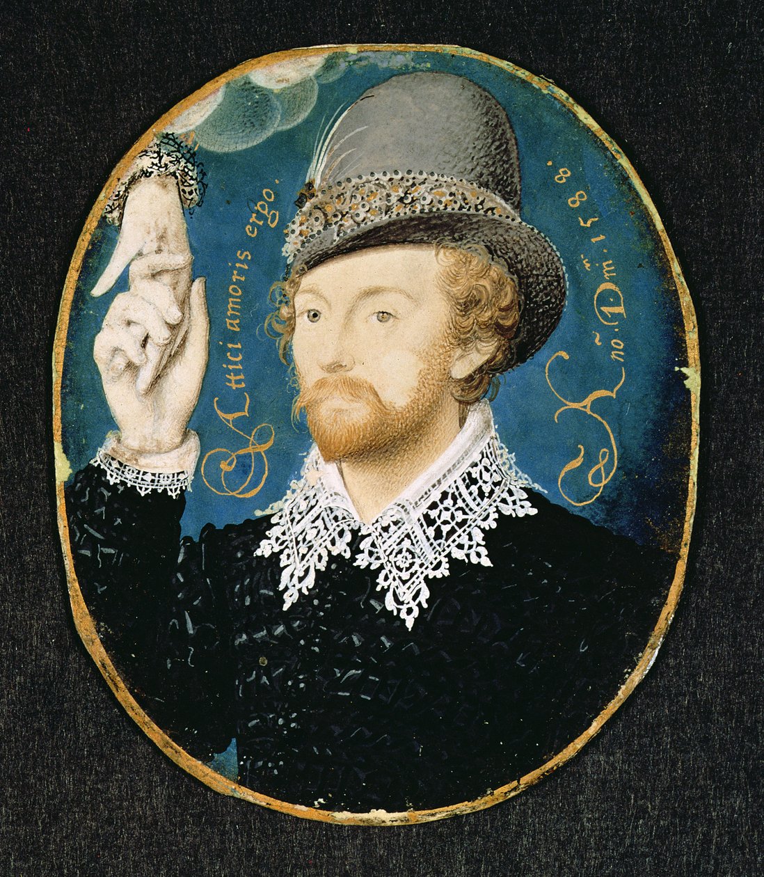 Man die hand uit een wolk grijpt, mogelijk William Shakespeare, 1588 door Nicholas Hilliard
