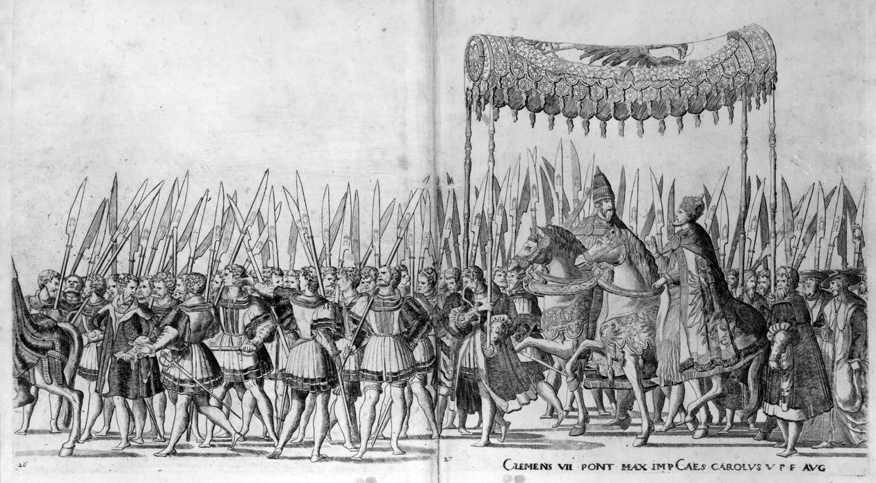 De intocht van paus Clemens VII en keizer Karel V in Bologna op 24 februari 1530, plaat 27 door Nicholas Hogenberg