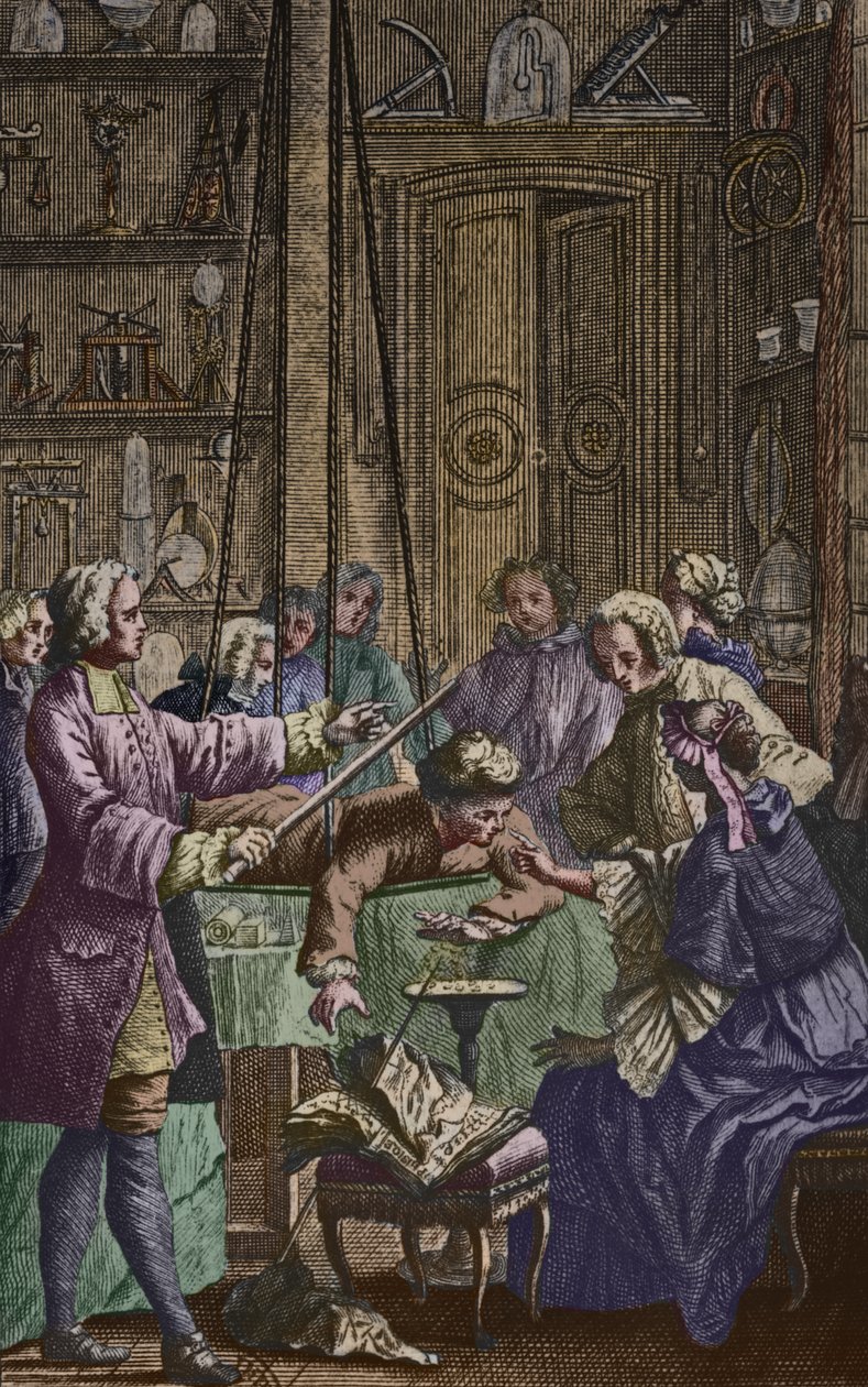 Elektrisch experiment uitgevoerd op een man door Abbe Jean Antoine Nollet (1700-70) in een natuurkundig kabinet, frontispice illustratie uit Essai sur l