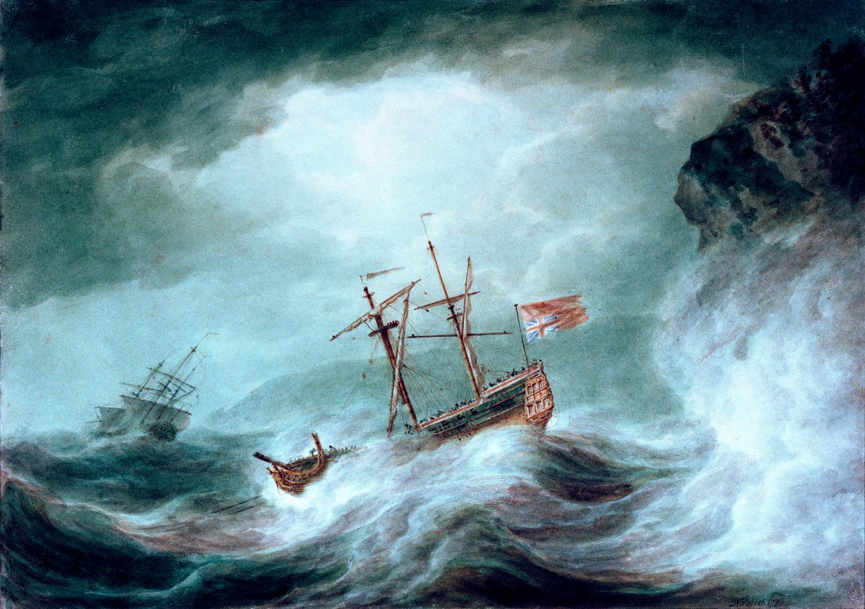 Een storm, met een verankerd schip in nood voor een rotsachtige kust door Nicholas Pocock