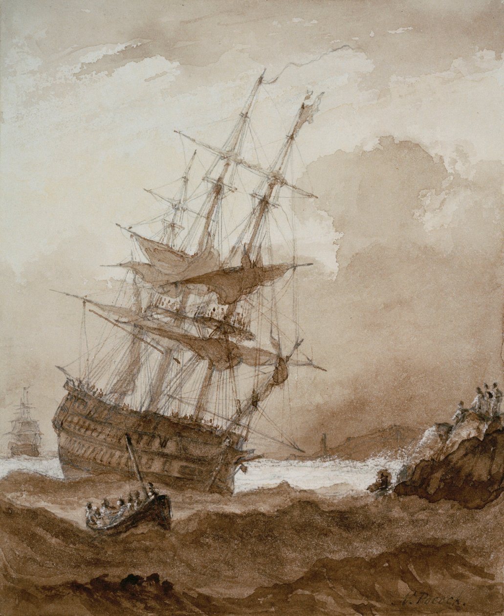 Tweedekker in een storm aan de kust, laat 18e tot begin 19e eeuw door Nicholas Pocock