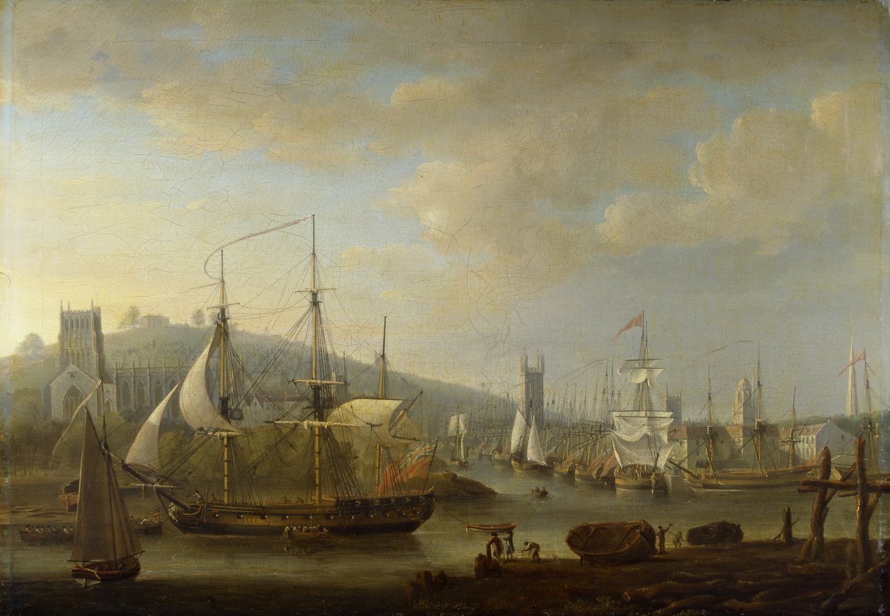 Uitzicht op de Haven van Bristol met de Kathedraal door Nicholas Pocock