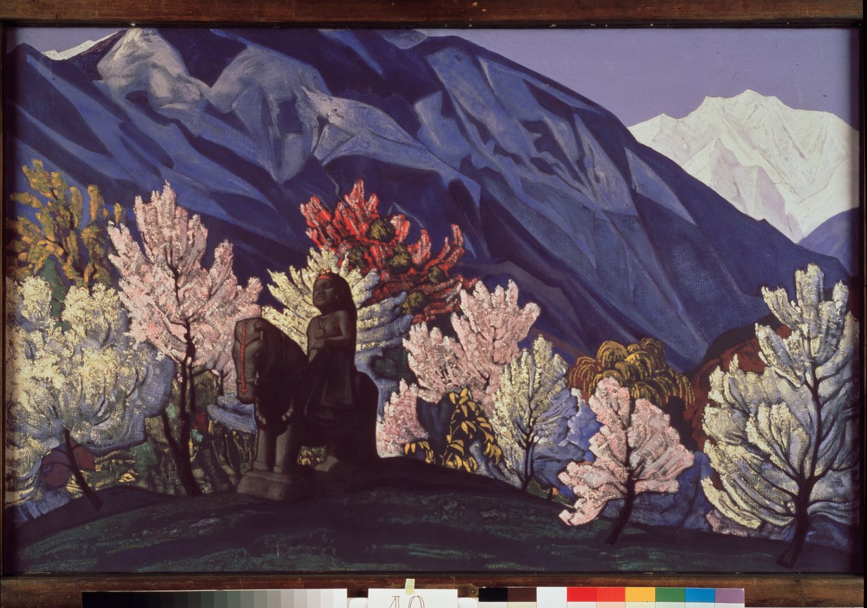 Guga Chohan. Kulu-vallei (India). (Ruiterstandbeeld tussen de bloeiende bomen van de Himalaya). Schilderij van Nicolas Roerich (1874-1947) door Nicholas Roerich