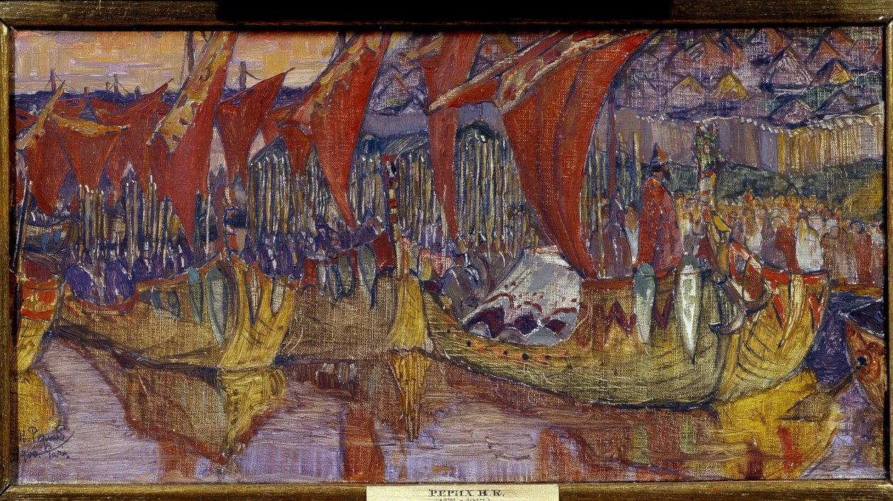 De campagne van Chersonessos door Vladimir de Grote (of de Heilige, of de rode zon, Vladimir I Sviatoslavitch van Kiev, 958-1015). De Rode Zeilen. Schilderij van Nicolas Roerich (1874-1947) door Nicholas Roerich