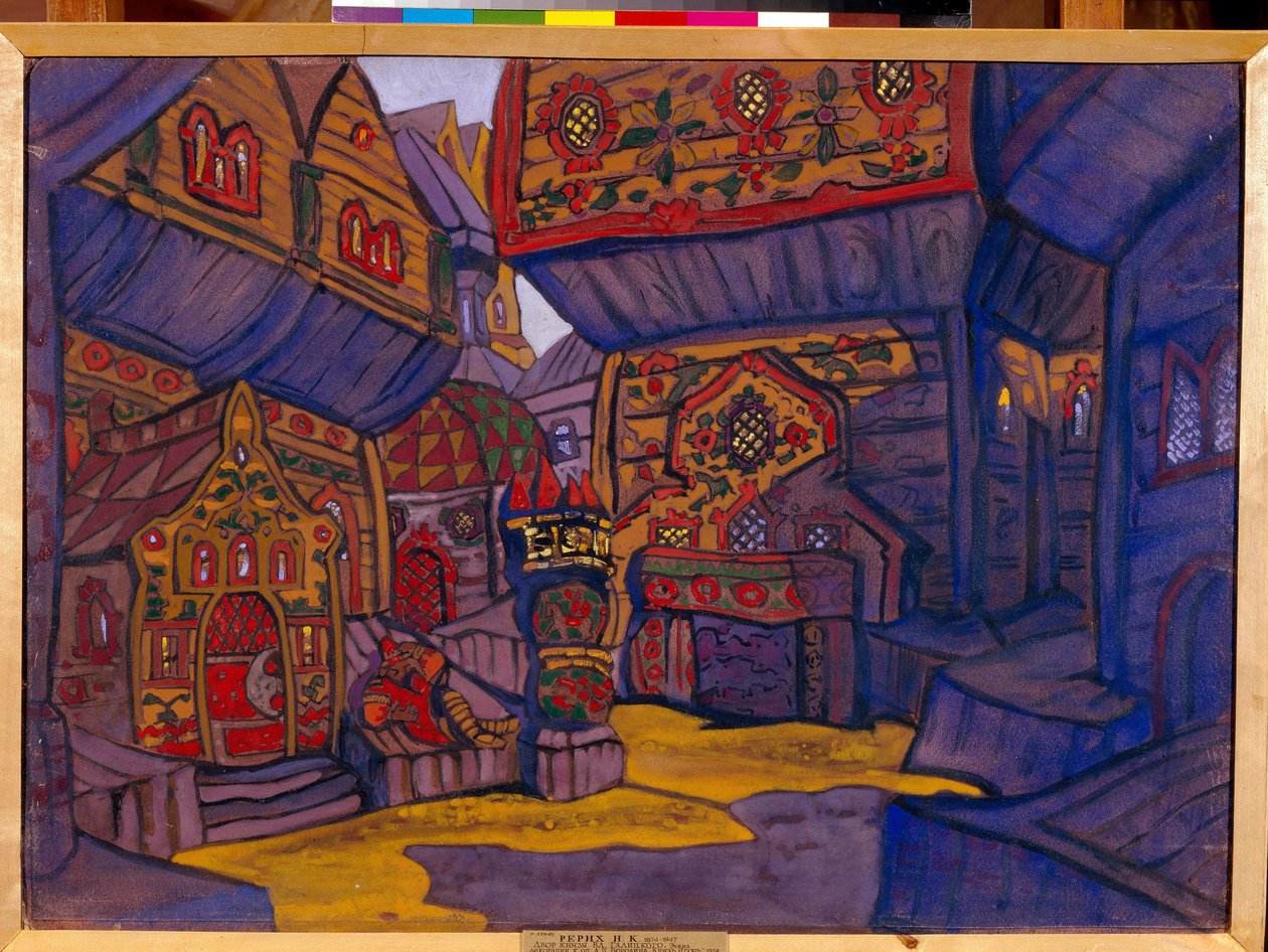 Het hof van prins Vladimir Galitsky. Decor voor de opera "Prins Igor" van Alexander Borodin (1833-1887) door Nicholas Roerich