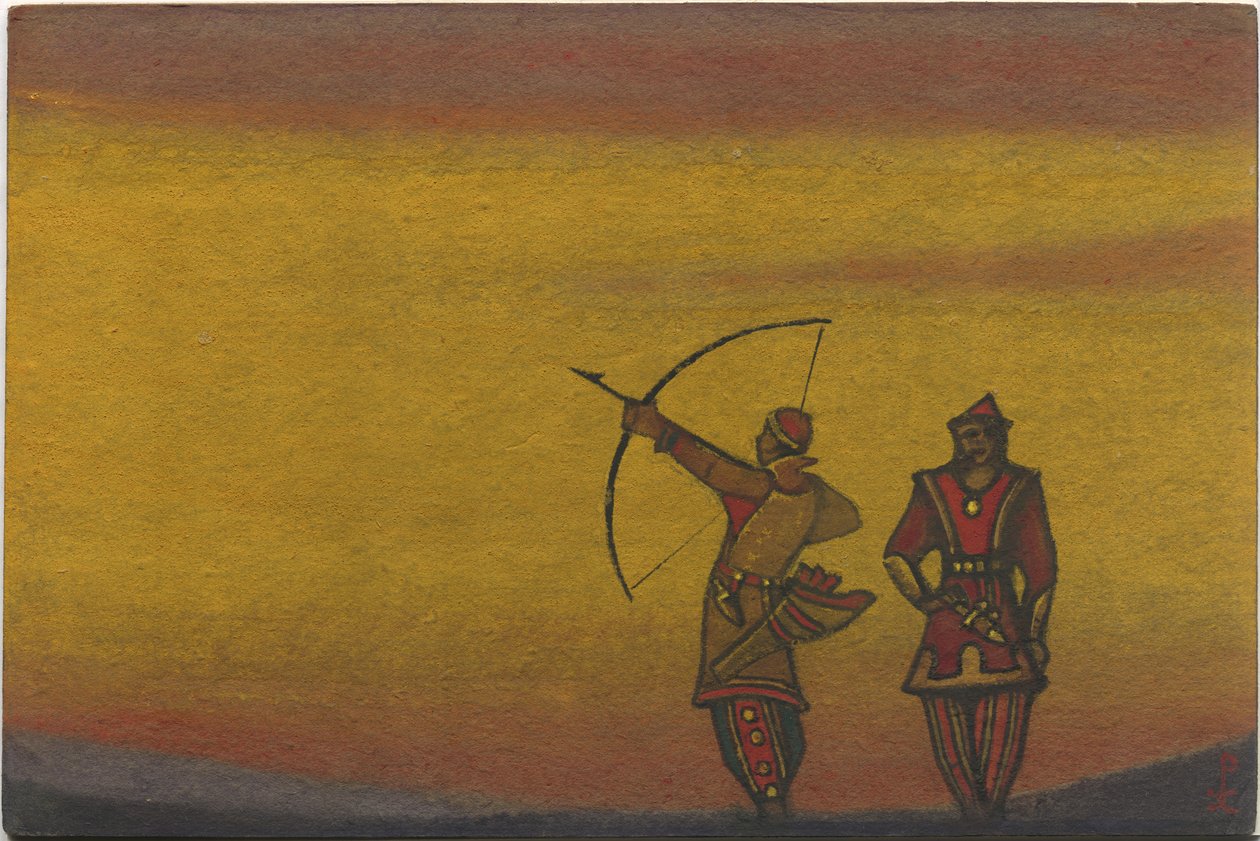 Polovtsen, een met een boog, kostuumontwerp voor "Polovtsische Dansen" uit Borodins opera "Prins Igor", 1943 door Nicholas Roerich