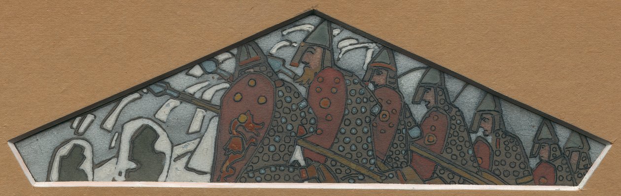Schets voor de meest rechtse driehoekige decoratie van de majolica fries "Noords Leven", 1905 door Nicholas Roerich