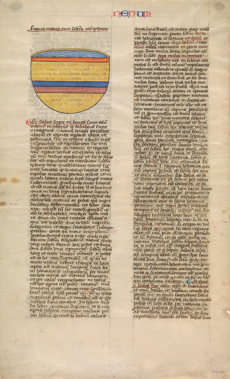 Koperen zee, een van zes geïllustreerde bladen uit de Postilla Litteralis..., ca. 1360-1380 door Nicholas of Lyra