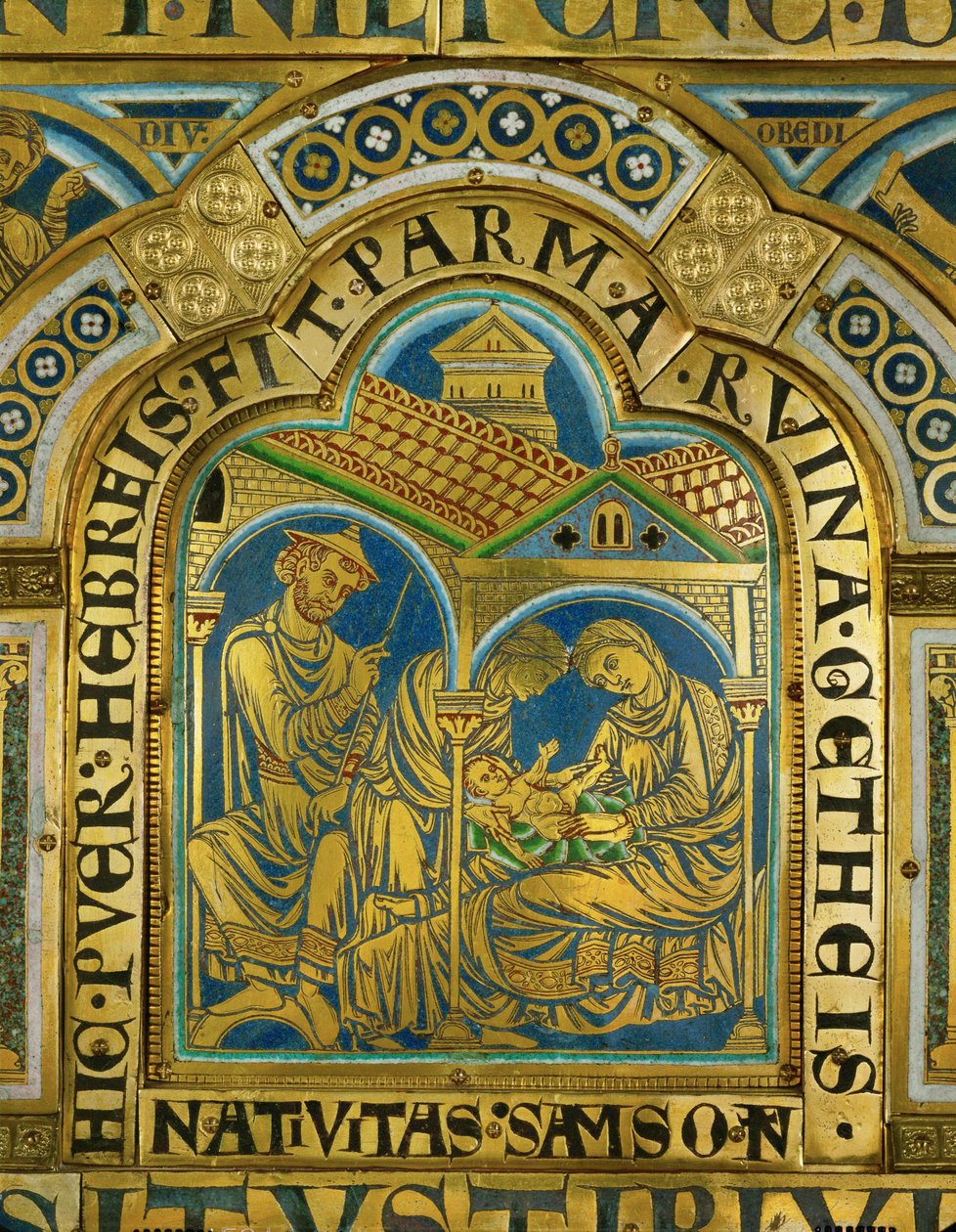 De geboorte van Simson, Manoach met een middeleeuwse joodse hoed ... (email op verguld koper) door Nicholas of Verdun
