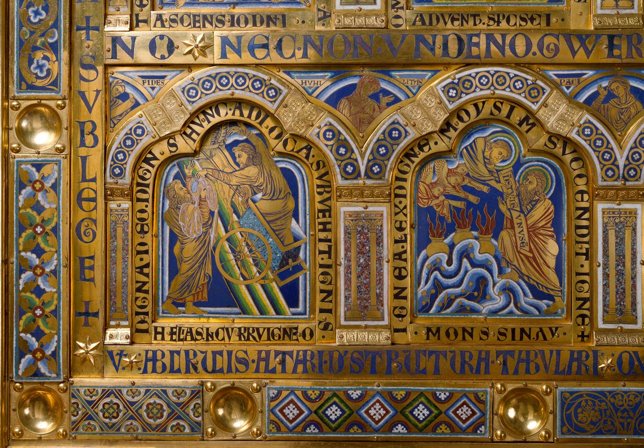 Verdun Altaar: detail van de Hemelvaart van Elia en Mozes die de Tafelen van de Wet ontvangt door Nicholas of Verdun