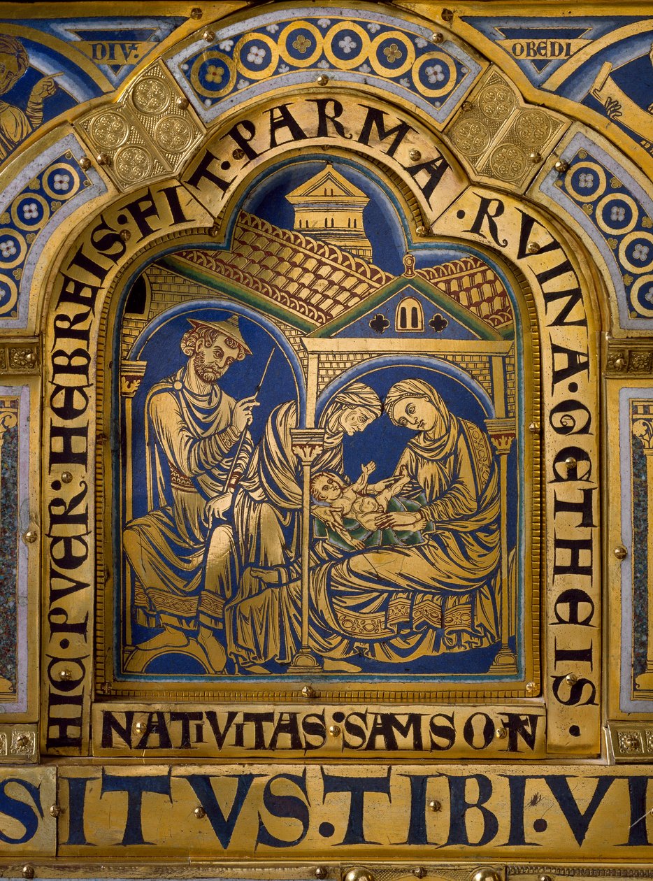 Verdun Altaar gemaakt in goud en email door Nicolas de Verdun (ca.1130/50-1205): scènes uit het Oude en Nieuwe Testament: detail dat de geboorte van Samson vertegenwoordigt. 12e eeuw Klosterneuburg Wenen, Oostenrijk door Nicholas of Verdun