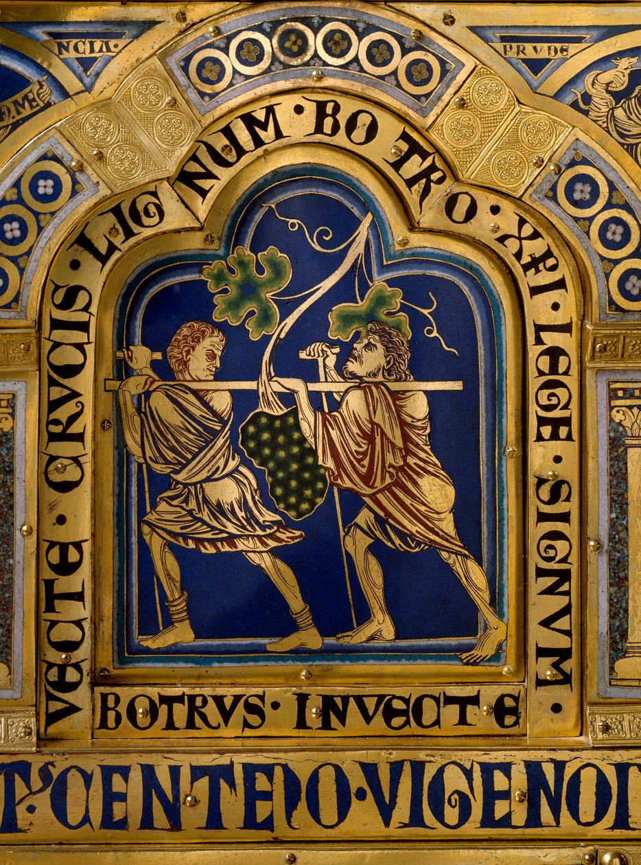 Verdun Altaar: detail van de terugkeer van Josue en Caleb met een grote druiventros uit het land Kanaän door Nicholas of Verdun