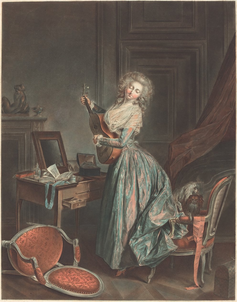 Een vrouw die gitaar speelt, 1788-9, gegraveerd door Jean-François Janinet door Niclas II Lafrensen