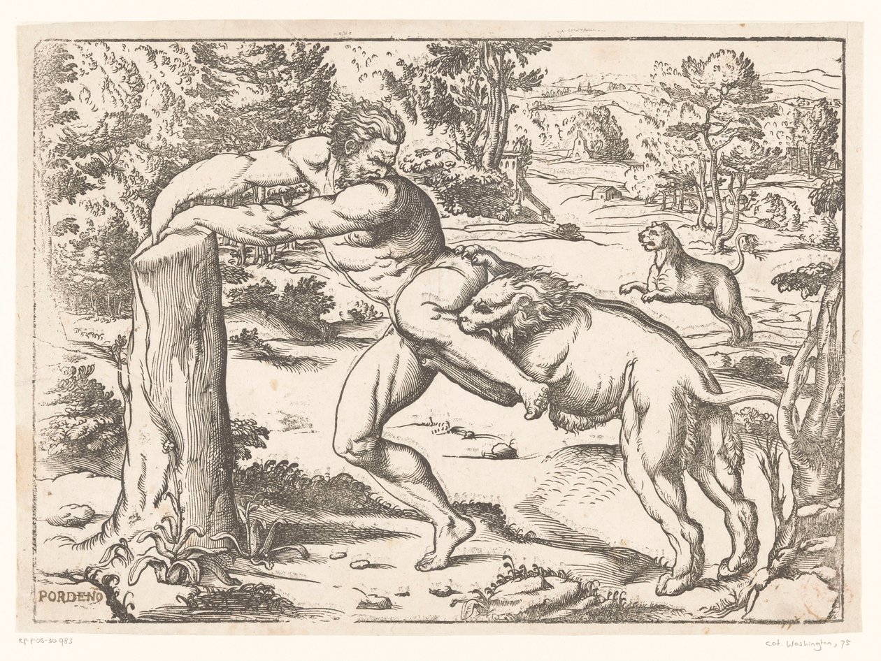 Milo van Croton aangevallen door een leeuw door Nicolò Boldrini (attributed to)