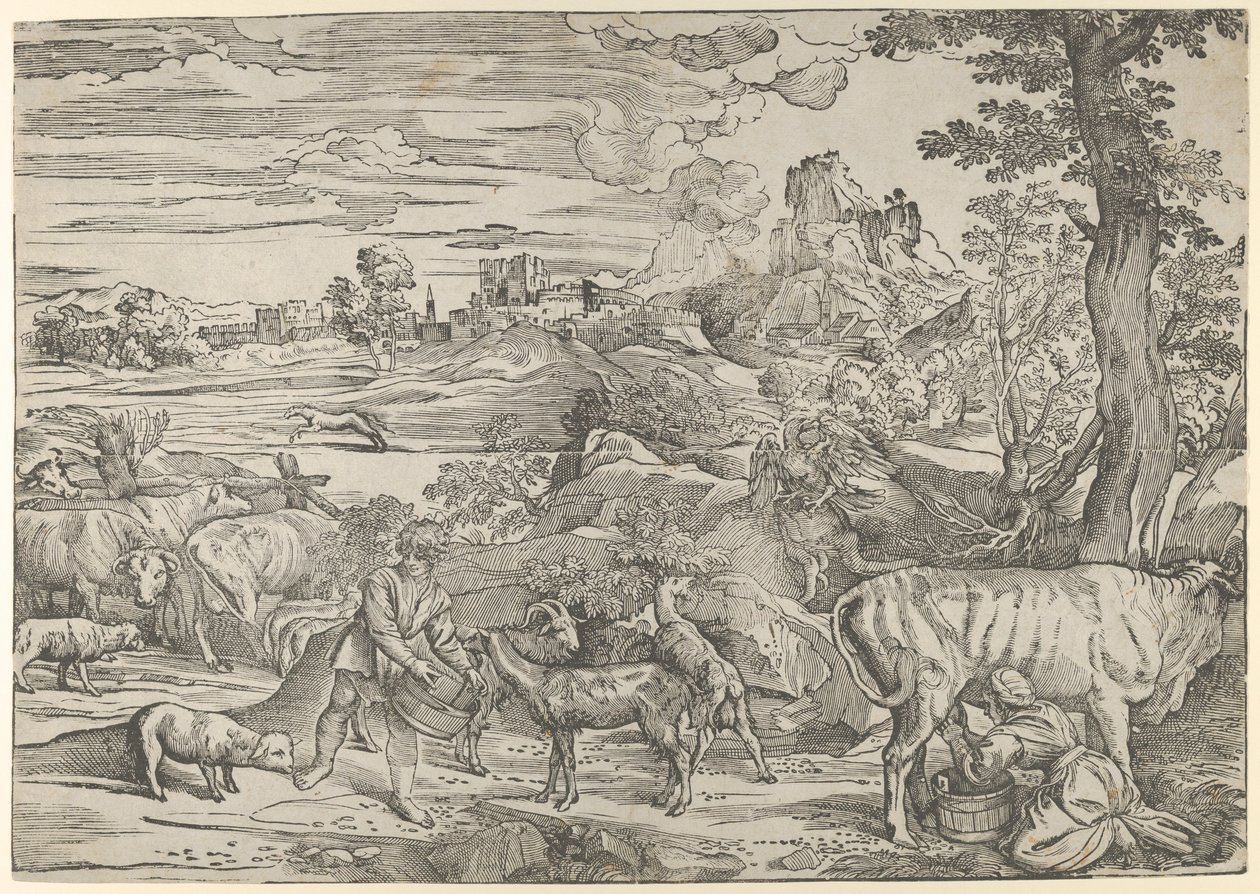 Landschap met een melkmeisje rechts en een jongen links, ca. 1535-40 door Nicolò Boldrini