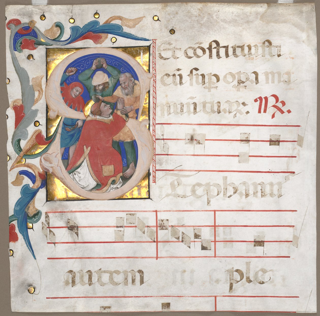 Fragment van een Antifonarium met Geïllustreerde Initiaal (S): De Steniging van St. Stefanus door Nicolò da Bologna