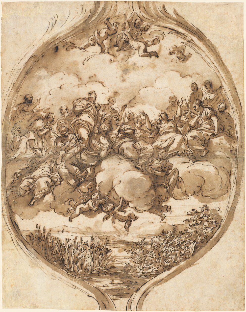 Heiligen gedragen door wolken boven een meer door Nicola Malinconico